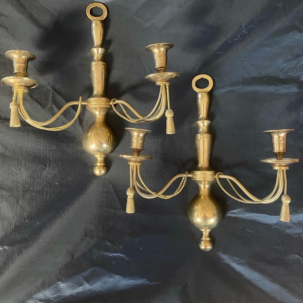 Vintage Solid Brass Double Armed Wall Sconces in Hollywood Regency style.